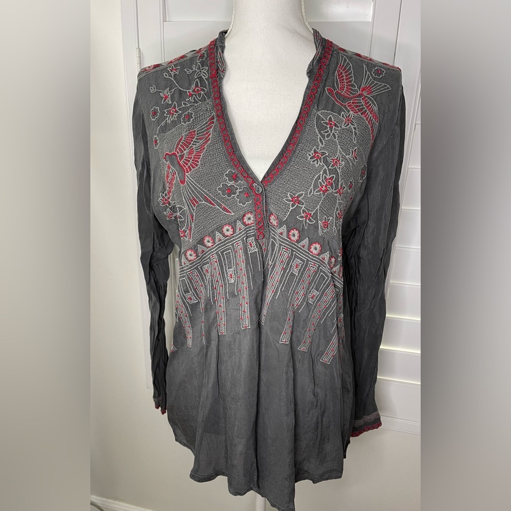 Johnny Was Gray Embroidered Blouse